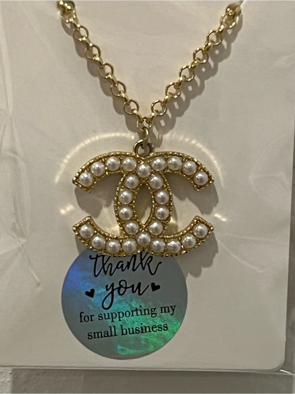 Pearl-Embellished Gold Logo Pendant Necklace - Gold